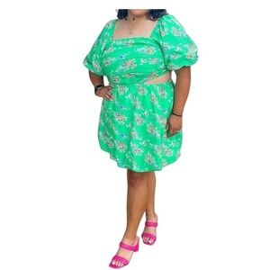 A New Day XXL Green Floral Cutout Dress Square Neck Puff Sleeve Womens